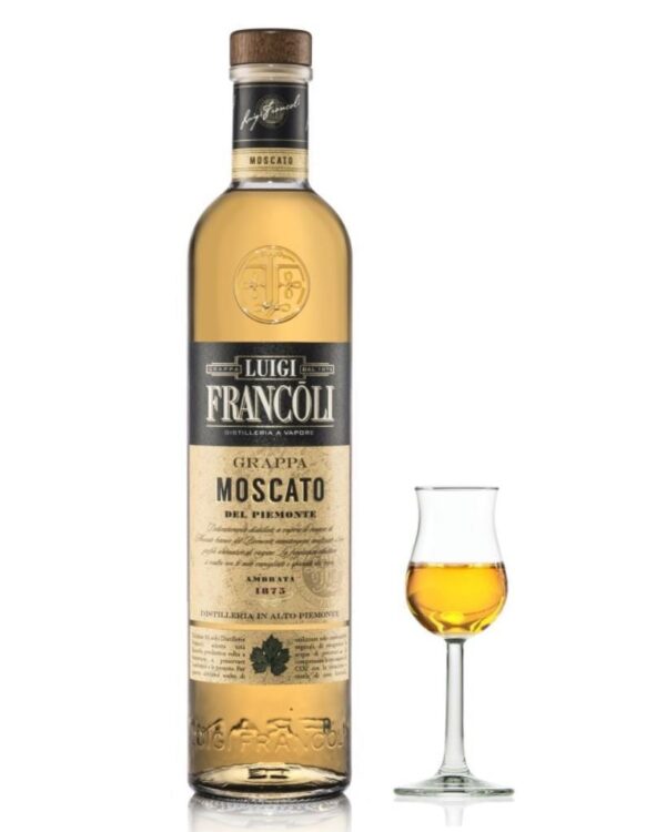 Francoli grappa di moscato invecchiata bottiglia di distillato prodotto in Italia, in Piemonte